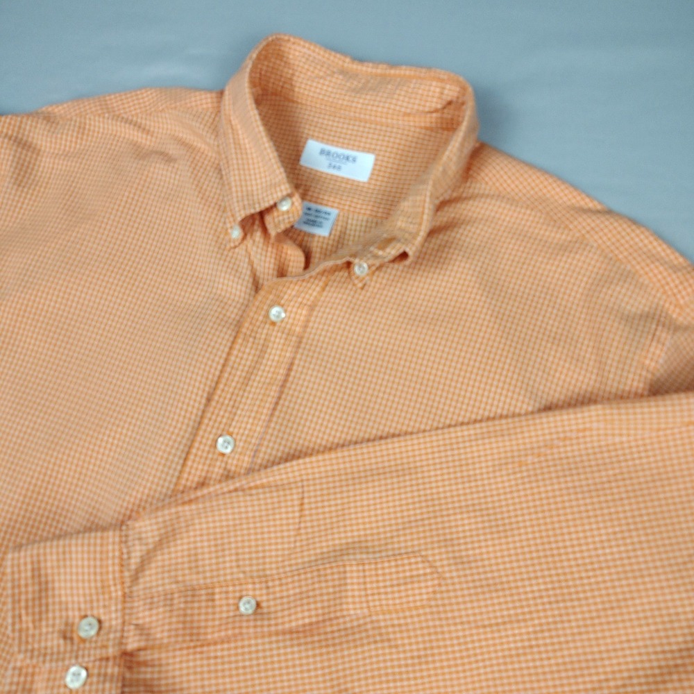 Brooks Brothers 346 Shirt Mens 16 32/33 Orange Check Button Down Long Slv Cotton